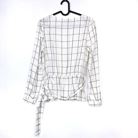 FRNCH Women’s Window Pane Plaid Print Wrap Long Sleeves V- Neck Top White Size M - Picture 8 of 11